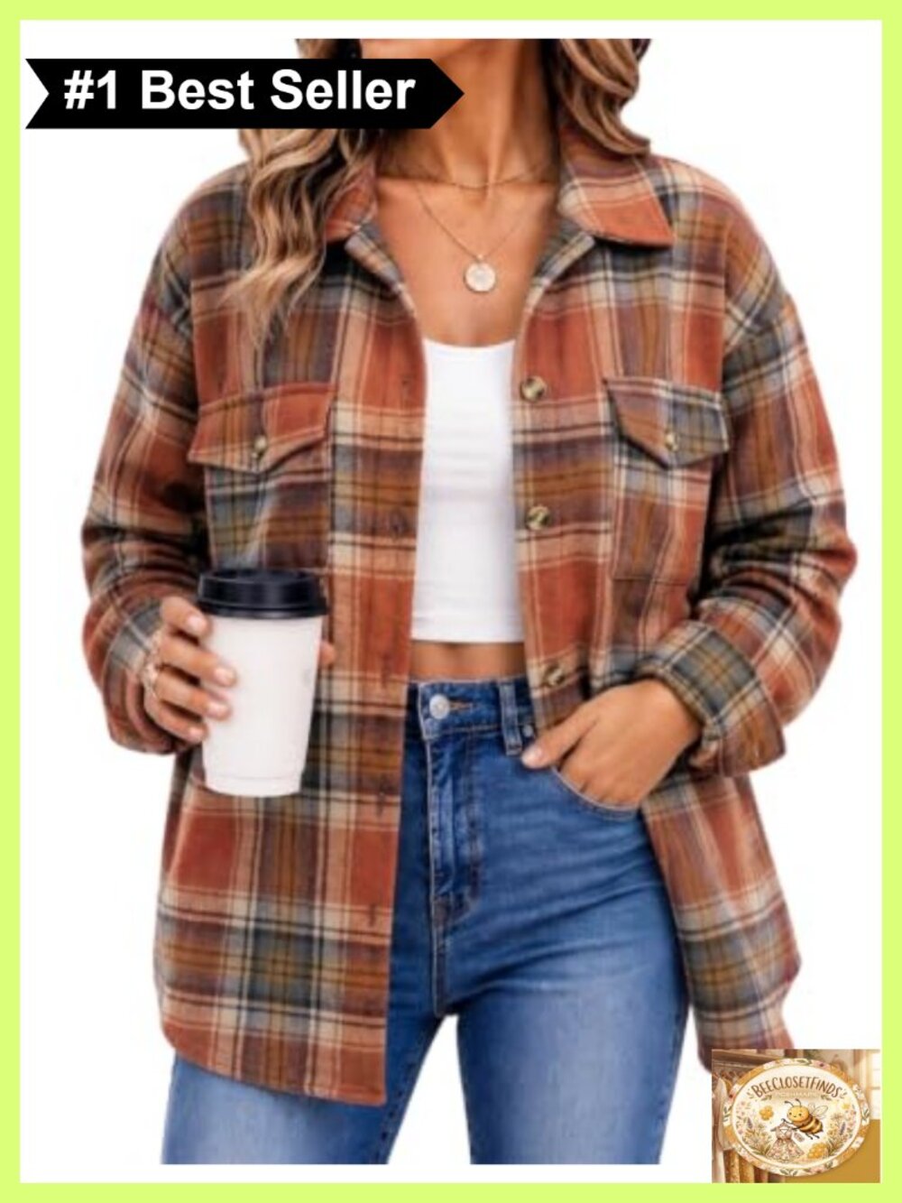 Plaid Flannel Shacket Long Sleeve Button Down Jacket Polyester